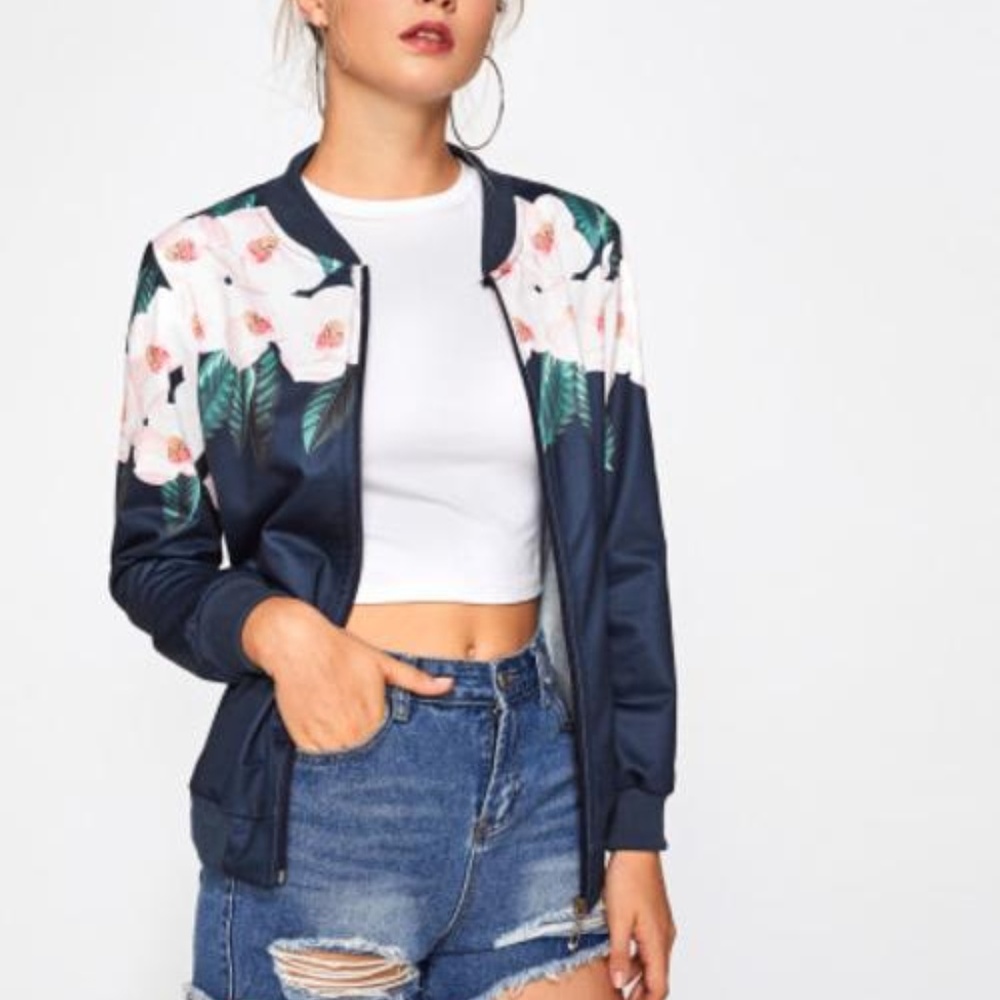Ribbed Trim Florals Jacket
